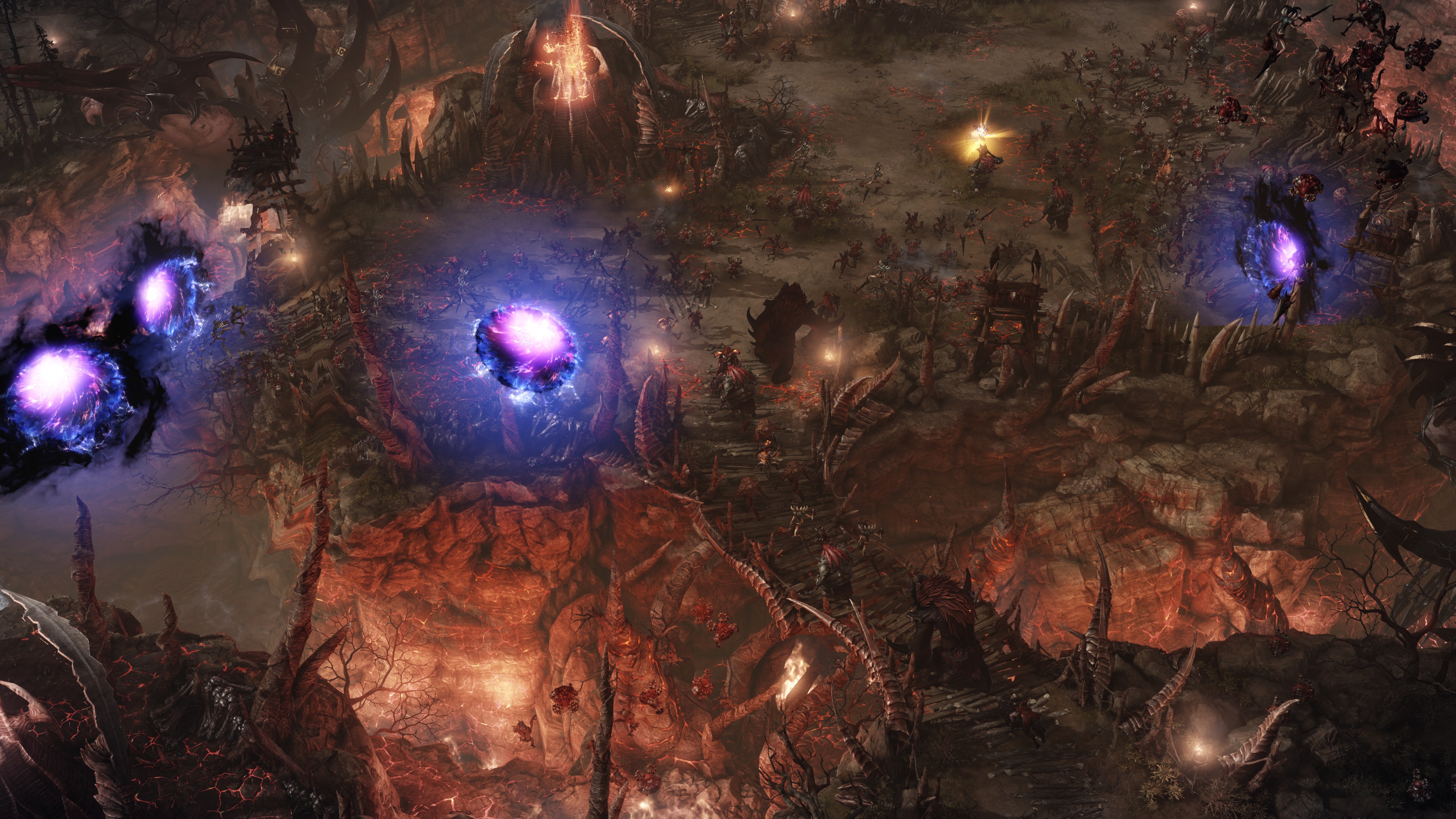 Purple portals hover over a fiery wasteland in Lost Ark.