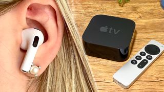 L: An AirPods Pro earbud in an ear, R: the Apple TV 4K 2021 and remote