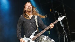 Sabaton's Pär Sundström playing bass onstage