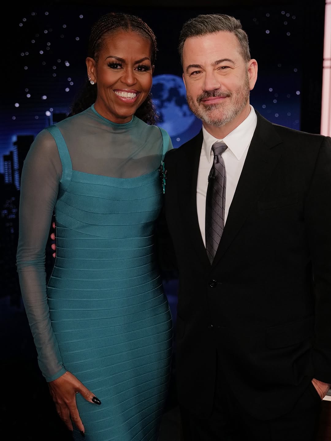 Michelle Obama stopped by Jimmy Kimmel Live in a semi-sheer Herve Leger bandage dress