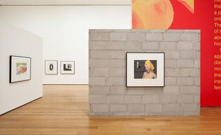 Christopher Williams's exhibition at MoMa in New York. Photographs are hung low and spaced out. There is a concrete wall in the center with a photograph on it.