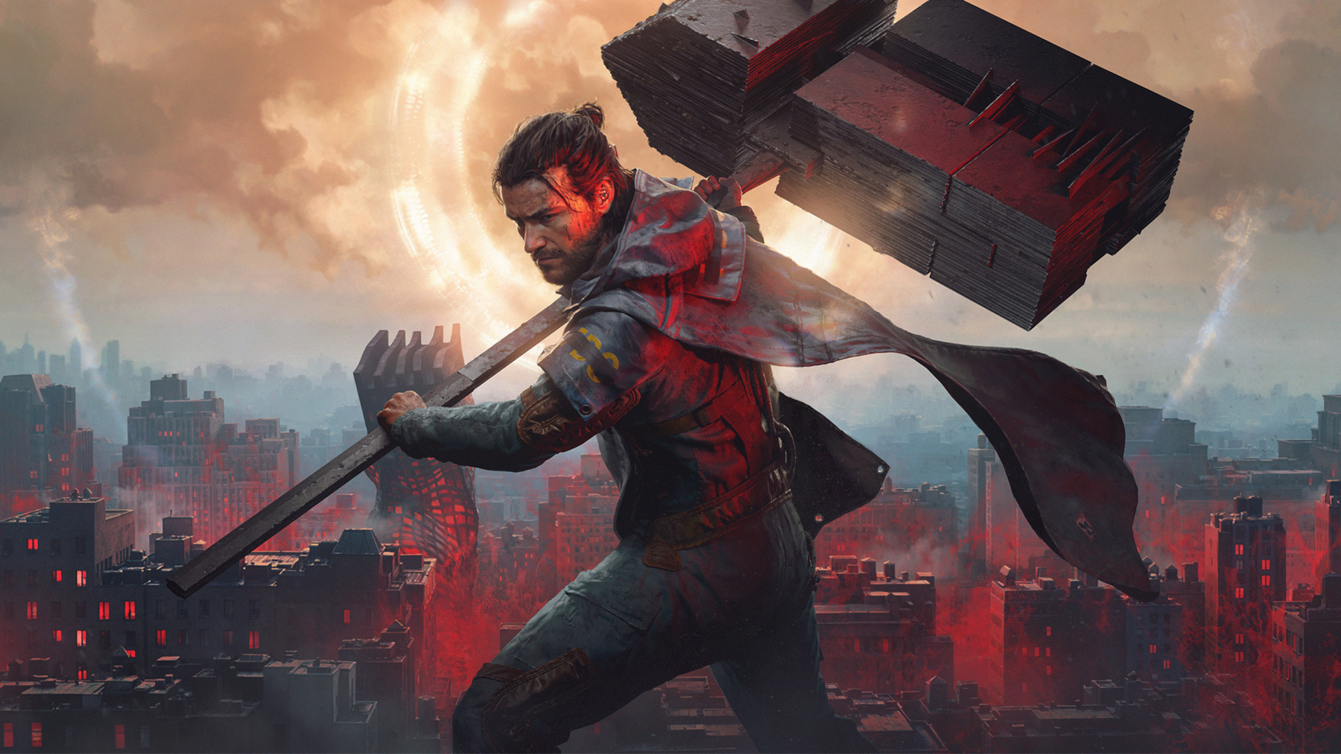 Key art for Control Resonant showing Dylan Faden wielding the Aberrant as a massive granite-like hammer in front of a warped Manhattan