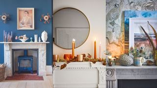 Compilation image of three living room fireplaces all decorated with flowers and trinkets to show ways to decorate your house after Christmas