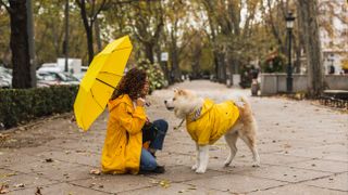 Woman and dog outside on wet day