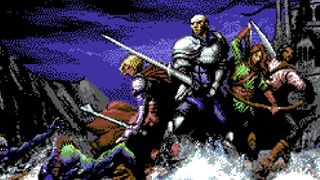 pixelated fantasy characters standing on rock in ocean fighting monsters