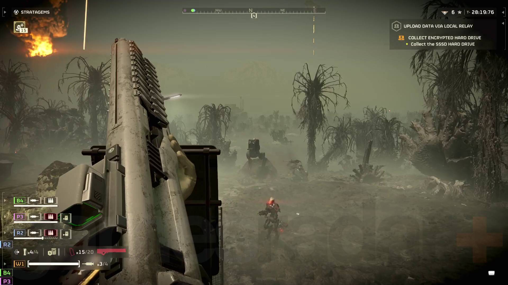 Helldivers 2 Automatons advancing as Helldiver reloads railgun