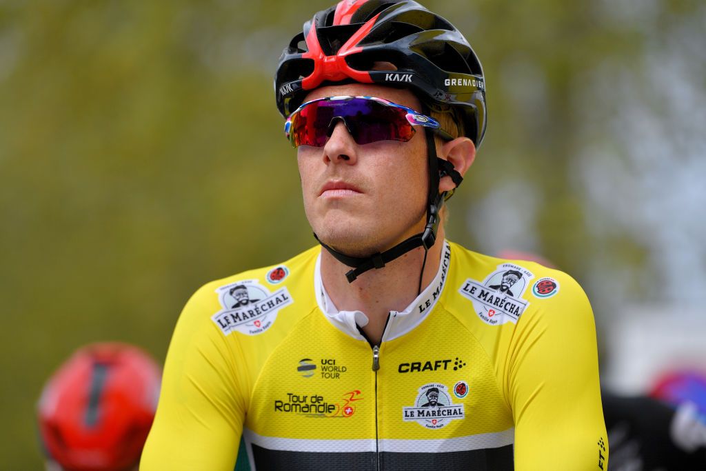 MARTIGNY SWITZERLAND APRIL 28 Rohan Dennis of Australia and Team INEOS Grenadiers Yellow Leader Jersey at start during the 74th Tour De Romandie 2021 Stage 1 a 1681km stage from Aigle to Martigny TDR2021 TDRnonstop UCIworldtour on April 28 2021 in Martigny Switzerland Photo by Luc ClaessenGetty Images