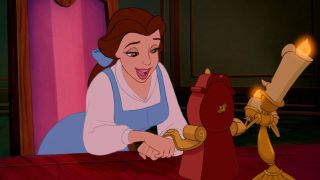 Belle talking to Cogsworth and Lumiere in Beauty and the Beast