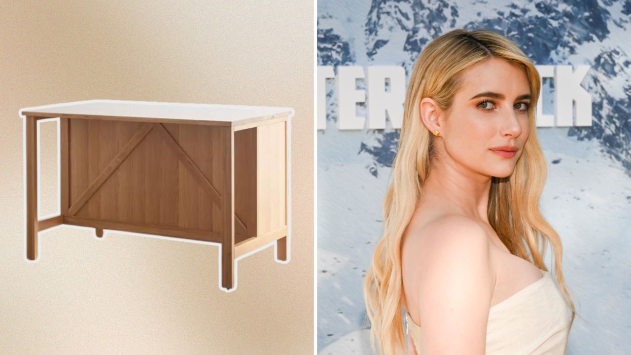 Wooden kitchen island on left, Emma Roberts on right