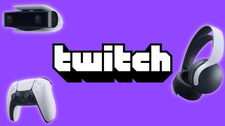 Twitch logo surrounded by the PS5 HD Camera, PS5 DualSense controller and Pulse 3D Wireless Headset