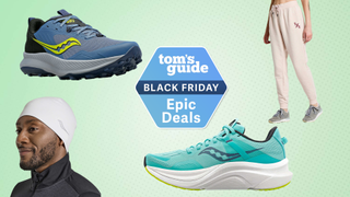 a selection of Saucony running shoes and apparel with a Tom&#039;s Guide Black Friday label in the middle