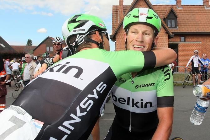 Mark Renshaw celebrates his stage win with his teammate