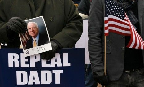 Activists target John McCain, the most vocal Senate opponent of repealing &amp;quot;Don&amp;#039;t Ask, don&amp;#039;t tell,&amp;quot; during a rally on Capital Hill last week.