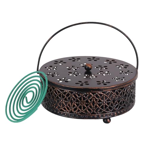 Portable Mosquito Coil Holder, Hogardeck 6.3" Round Fireproof Metal Mosquito Incense Holder With Handle, Retro Hollow Incense Burner Yard Art for Lawn Garden Patio (bronze, 1 Pack)
