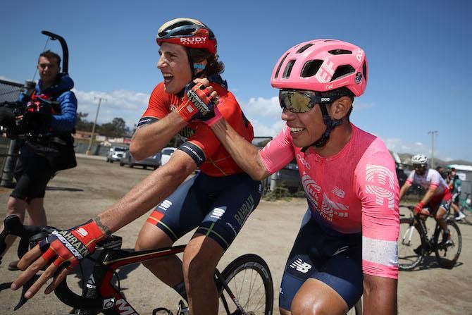 Stage 5 winner Ivan Garcia Cortina (Bahrain-Merida) is congratulated by third-placed Sergio Higuita (EF Education First)