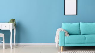 Matching blue wall and sofa