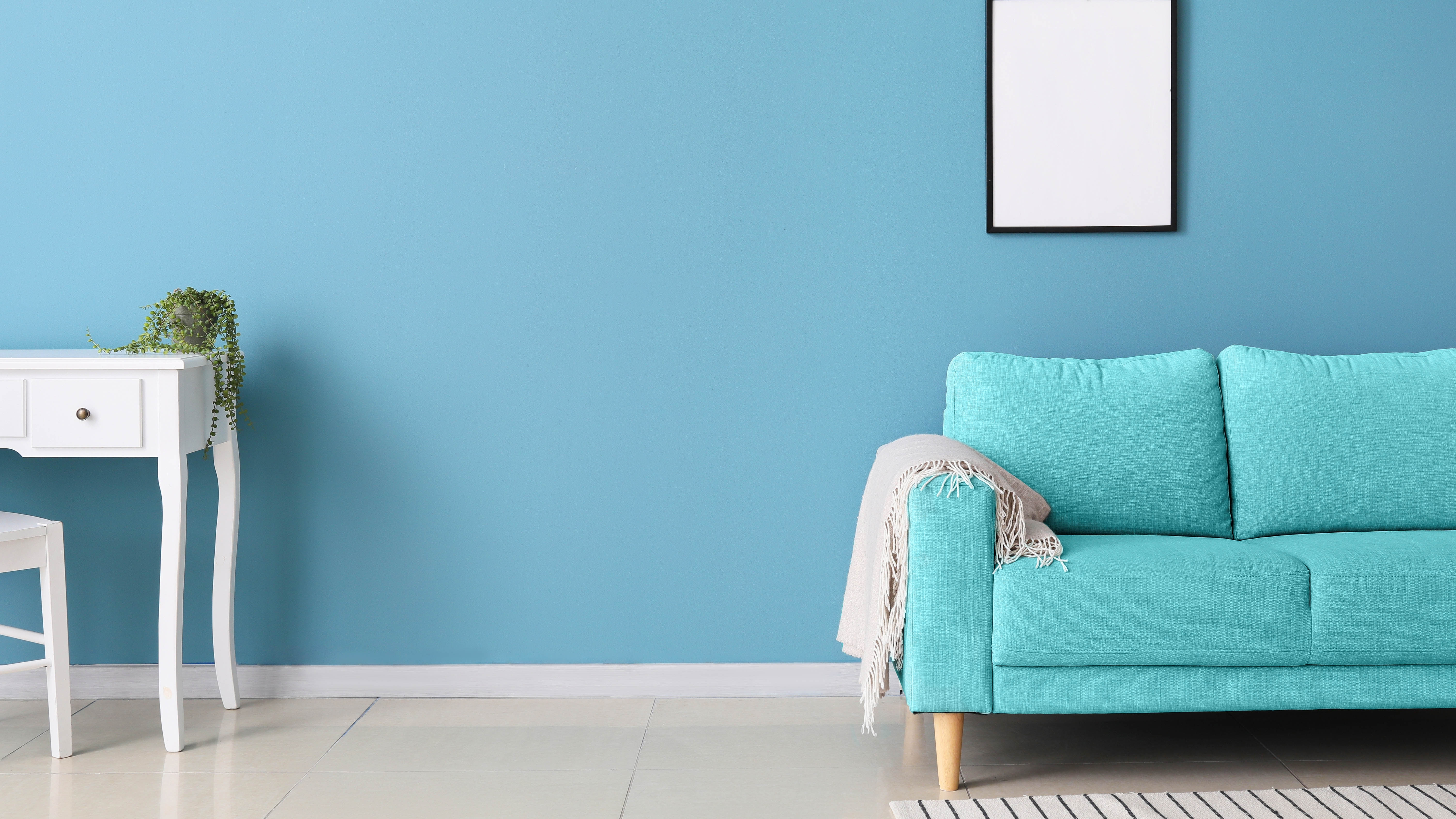 Сочетание синей стены и дивана