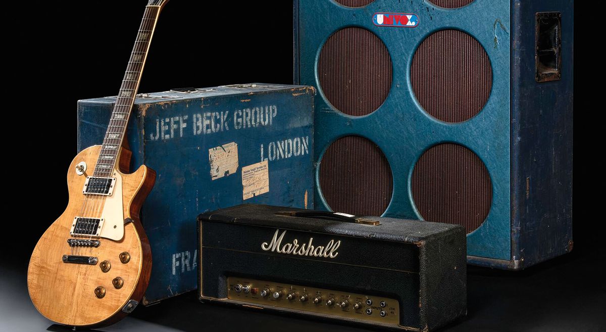 A Gibson Les Paul rests against an old blue speaker cabinet stencilled with &quot;Jeff Beck Group London&quot; in this promo shot for Christie&#039;s auction of the late guitar hero&#039;s gear collection.