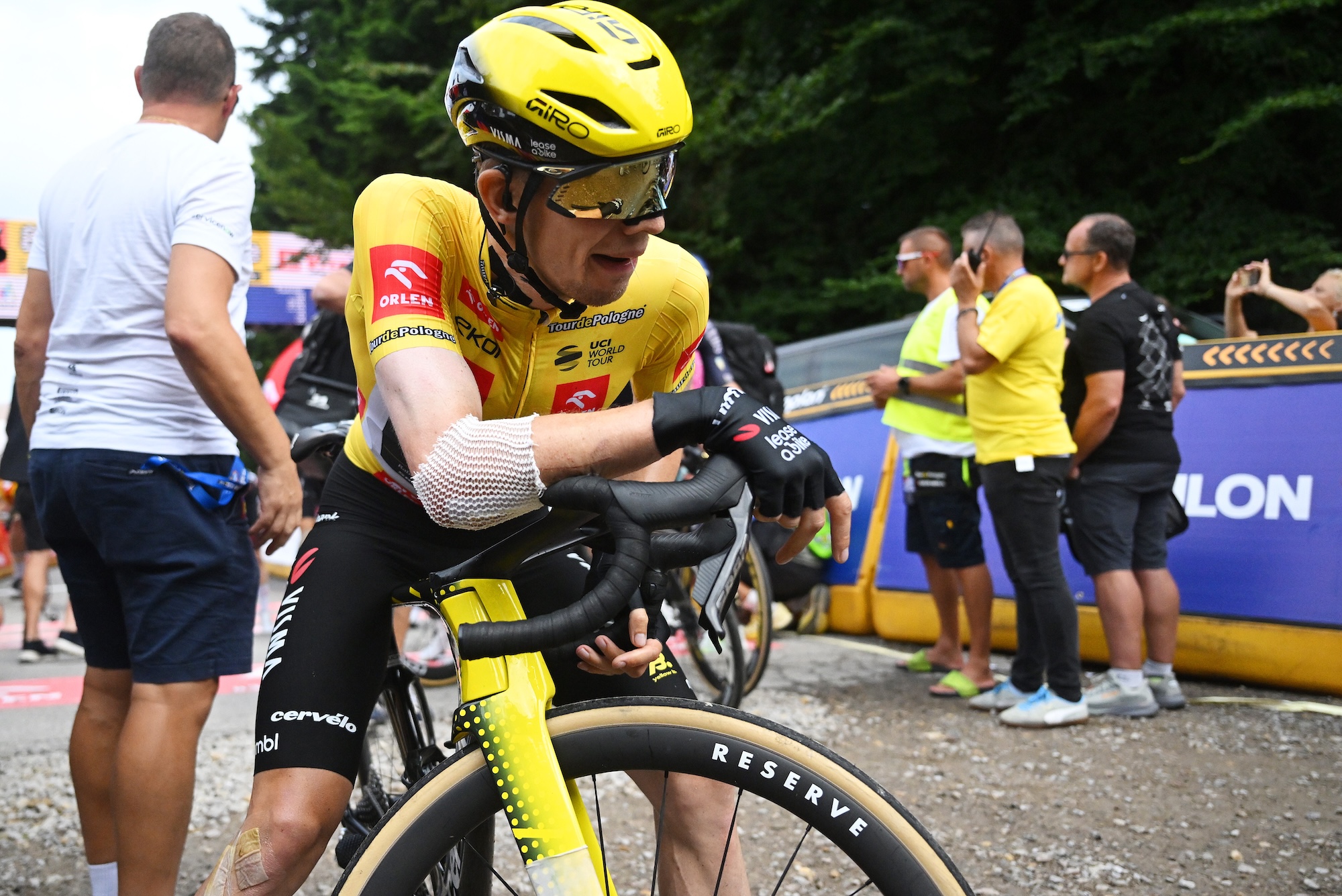Bart Lemmen of Visma-Lease a Bike holds on to the Yellow Leader Jersey after stage 5 from Opole to Kocierz Resort