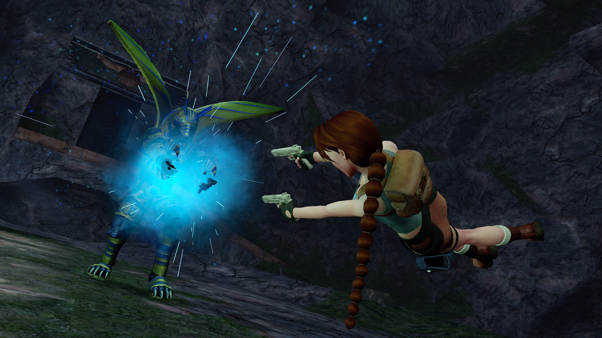 A screenshot from Tomb Raider 4-6 Remastered showing Lara Croft in mid-air firing her guns