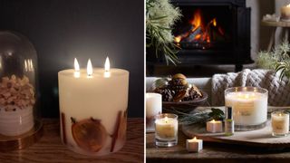 a flameless candle against a navy blue wall and a cozy living room with scented winter candles to show how to decorate a house after Christmas