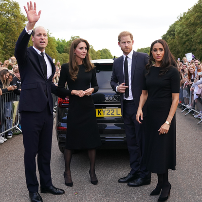 The Prince and Princess of Wales Accompanied By The Duke And Duchess Of Sussex Greet Wellwishers Outside Windsor Castle