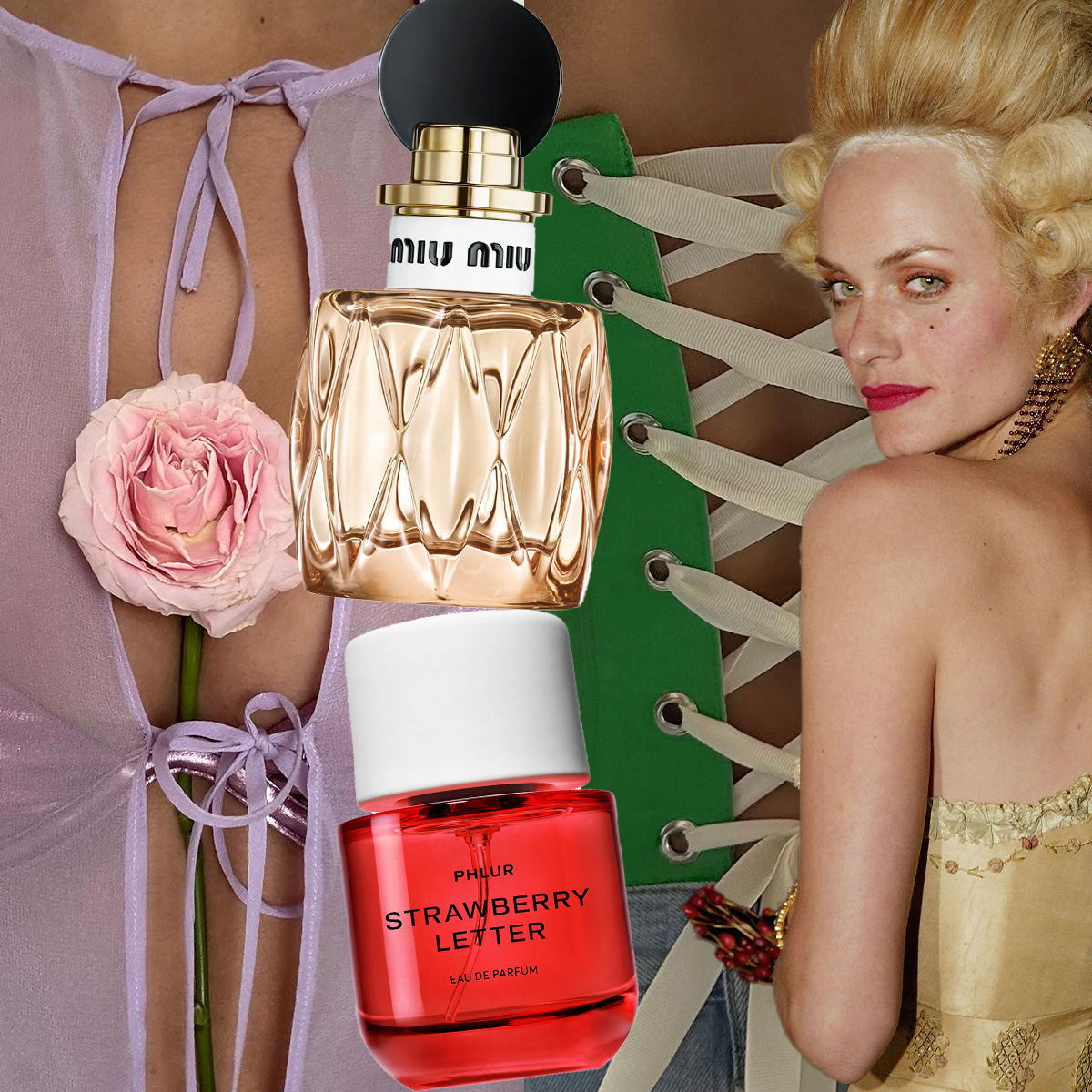 A collage of images of women in corsets, Marie Antoinette-inspired wigs, and fur-lined or floral outfits with fruity gourmand perfumes laid on top.