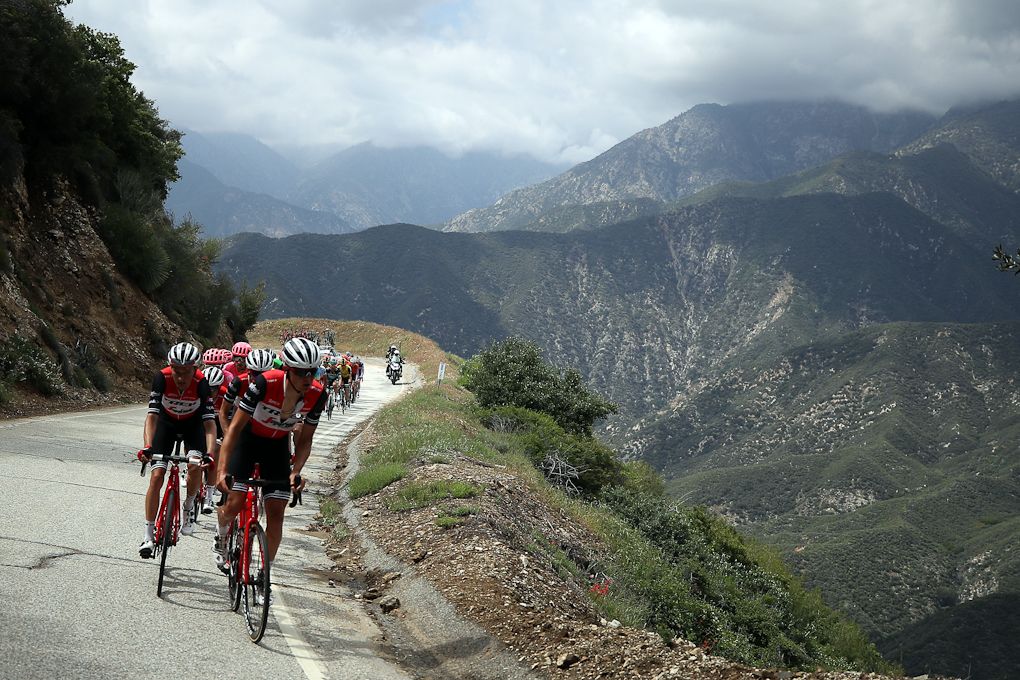 Toms Skujins leads the Trek-Segafredo effort early on the climbs during the Queen stage at Tour of California