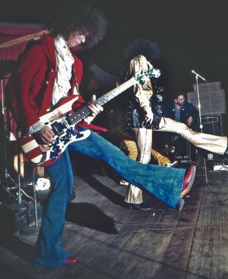 The rock group MC5 (L-R Wayne Kramer and Rob Tyner) perform live at the Grande Ballroom in 1969 in Detroit, Michigan.