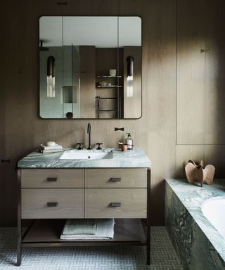 Bathroom with timber wall and vanity
