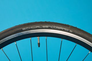 Schwalbe's tyres fitted on the Pinnacle Laterite 2 which is pictured on a blue blackground