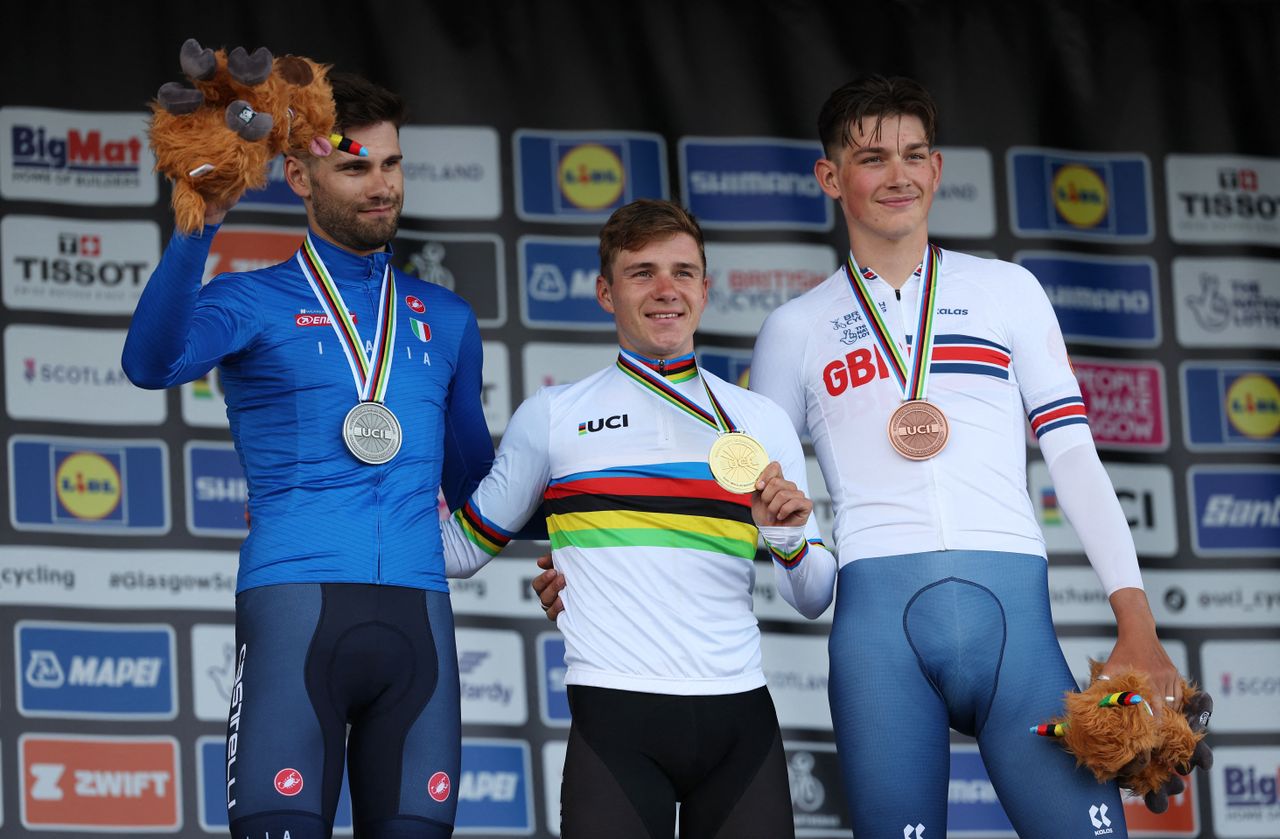 World Championship time trial elite men&#039;s podium of (l-r) Filippo Ganna, Remco Evenepoel, Josh Tarling