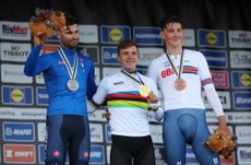 World Championship time trial elite men's podium of (l-r) Filippo Ganna, Remco Evenepoel, Josh Tarling