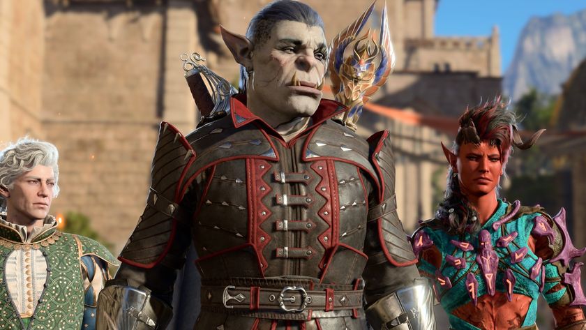 Half Orc wearing rare Bhaalist Armor in Baldur&#039;s Gate 3 standing in front of Astarion and Karlach