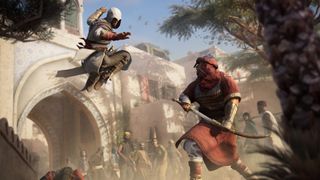 Assassin's Creed Mirage screenshot showing Basim launching into an assassination