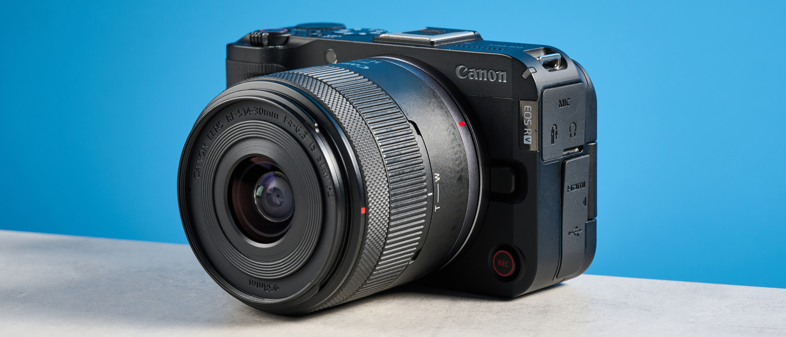 A black Canon EOS R50 V video-first camera