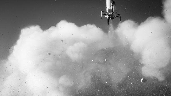 The New Shepard booster lands during Mission NS-10, on Jan. 23, 2019.