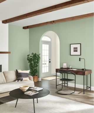 living room with mint green walls, wooden floor, arched doorway, neutral rug and sofa