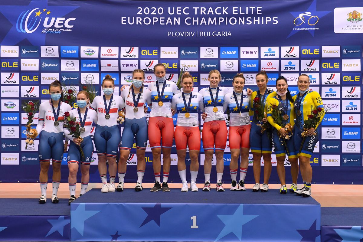 The Russian squads celebrates victory in the team sprint ahead of Great Britain and Ukraine at the 2020 UEC Track European Championships