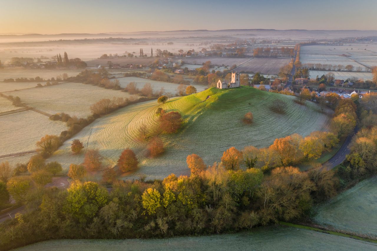 Burrow Mump Church on a beautiful autumn morning, Burrowbridge, Somerset.