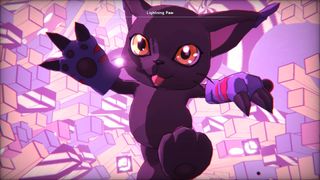 Black Gatomon leaps in front of a pink background in Digimon Story: Time Stranger
