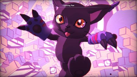Black Gatomon leaps in front of a pink background in Digimon Story: Time Stranger
