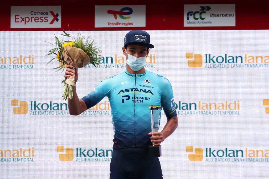 SAN SEBASTIAN SPAIN JULY 31 Javier Romo of Spain and Team Astana Premier Tech Most Combative Rider celebrates at podium during the 41st Donostia San Sebastian Klasikoa 2021 a 2235km race from DonostiaSan Sebastian to DonostiaSan Sebastian Klasikoa on July 31 2021 in San Sebastian Spain Photo by Gonzalo Arroyo MorenoGetty Images