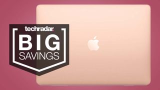 A Rose Gold MacBook Air against a Malbec background and a TechRadar Big Savings Badge