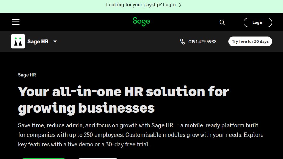 Sage HR website screenshot (May 2025).