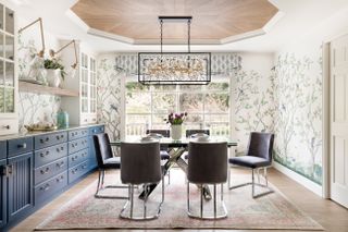 A dining room with a built in console