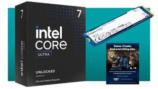 A collage of an Intel Core Ultra 7 200S retail box, Kingston SSD, and Intel gaming bundle promotion against a teal background with a white border.