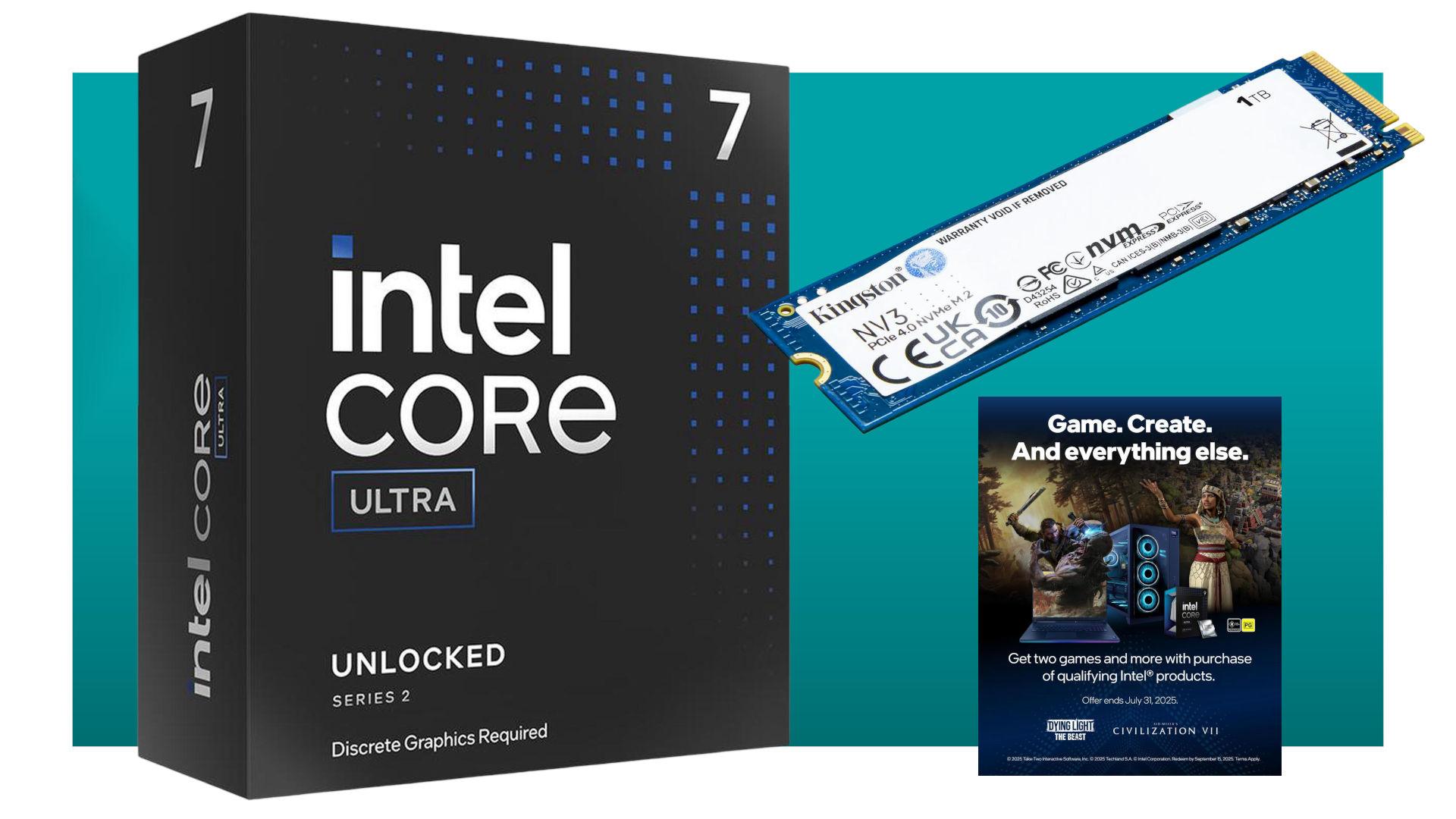A collage of an Intel Core Ultra 7 200S retail box, Kingston SSD, and Intel gaming bundle promotion against a teal background with a white border.