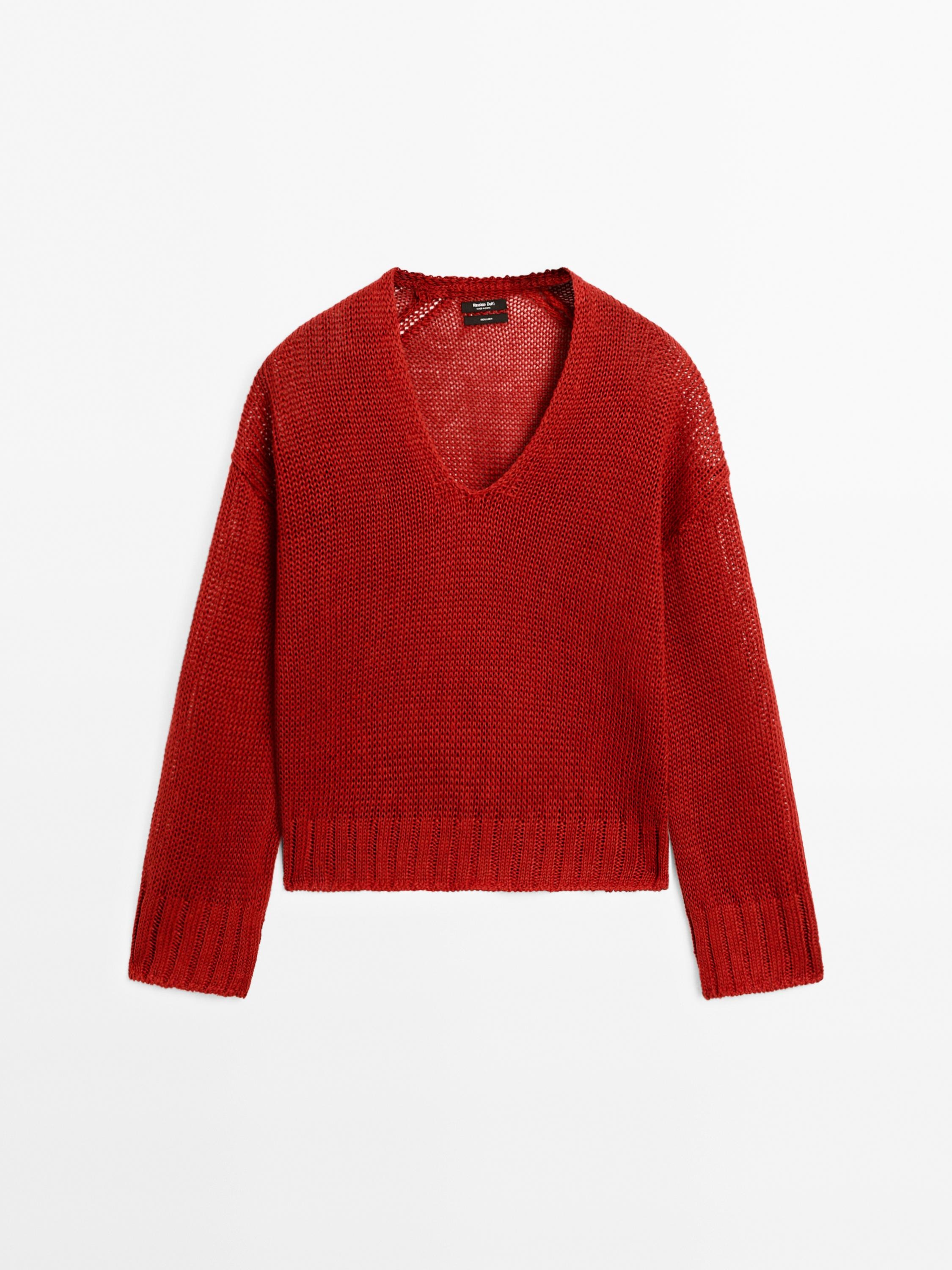 Massimo Dutti, Linen V-Neck Knit Sweater