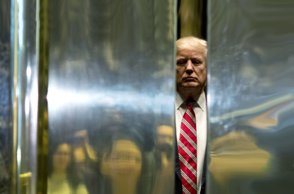 President Trump peeks through some doors.